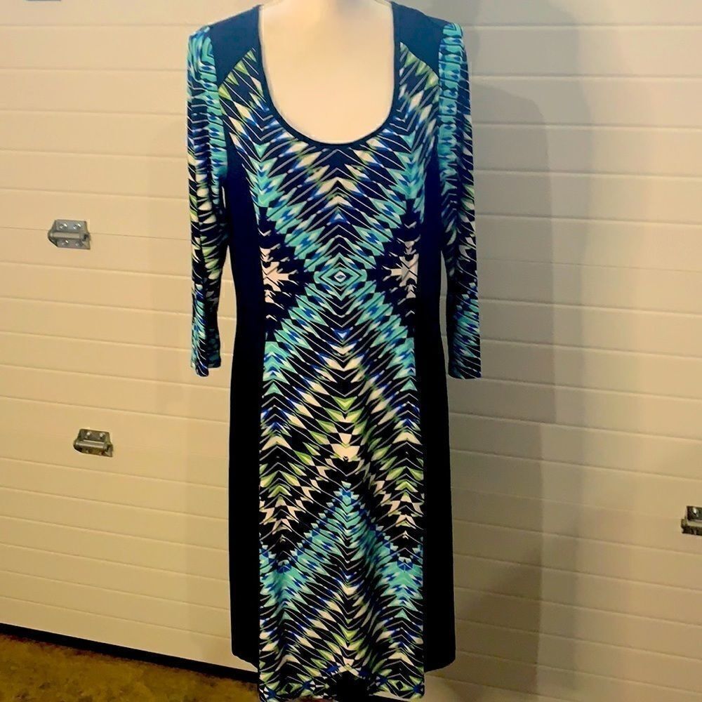 NY Collection - Navy/lime/white stretchy dress L